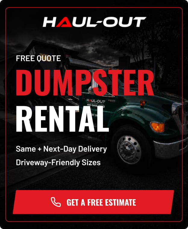 Roll-off dumpster truck providing dumpster delivery service in Maryland
